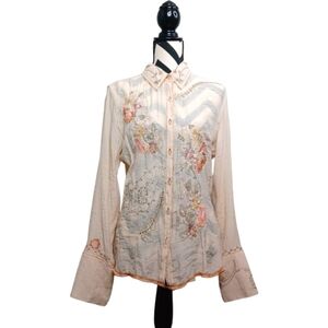 Western Boho Floral Embroidered Sz L Long Sleeve Button Down Shirt